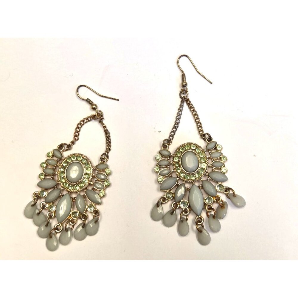 Gold-Tone Dangling Chandelier Earrings With White & Green Beads For Women